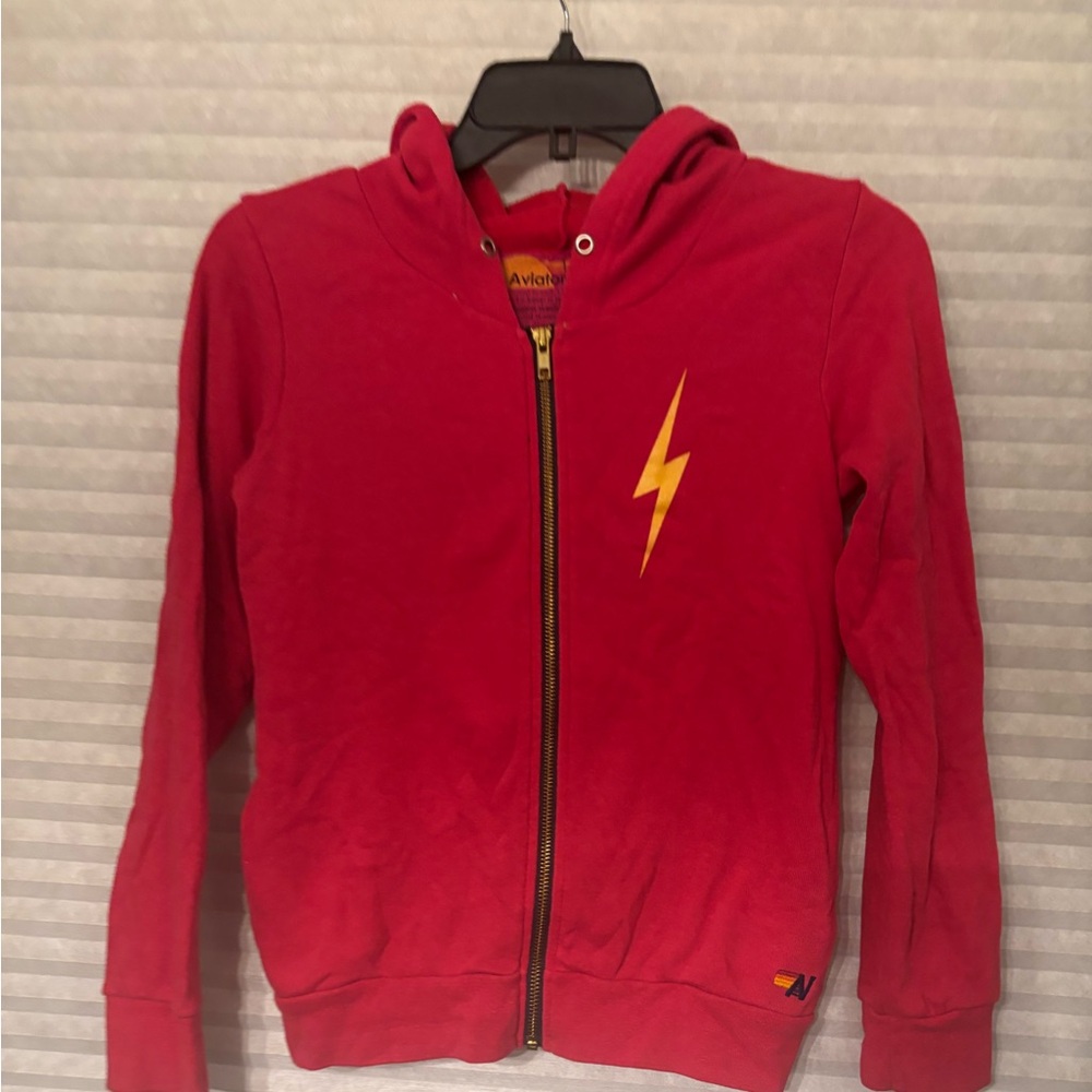 Aviator Nation Kids Hoodie in Vibrant Red with Yellow Lightning Bolt size 14 - Picture 2 of 6